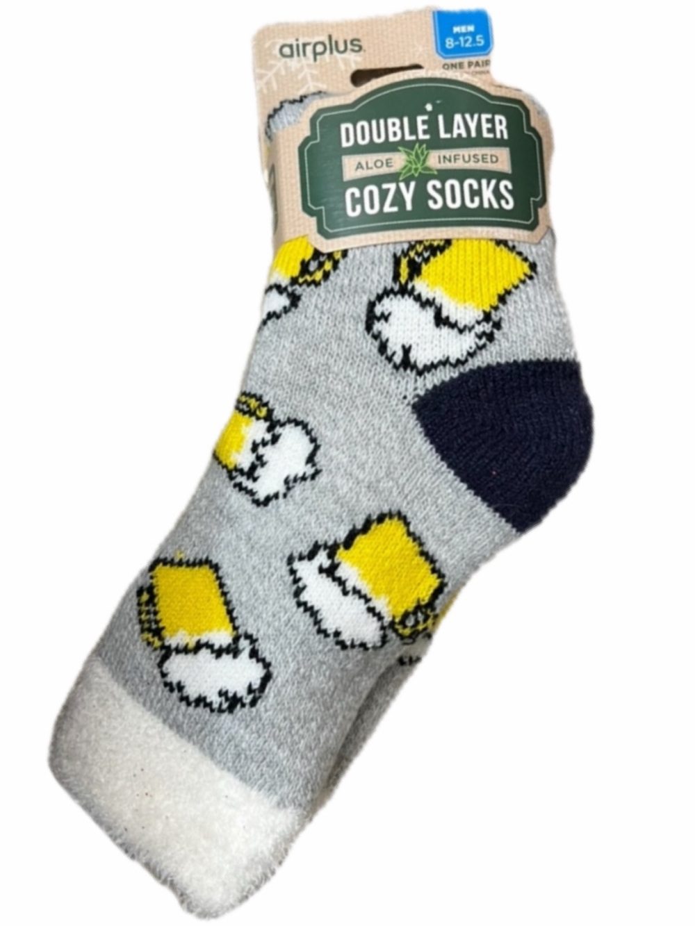 Airplus Mens Double Layer Cozy Socks Beer Mugs Gray Infused w/Aloe Vera gift